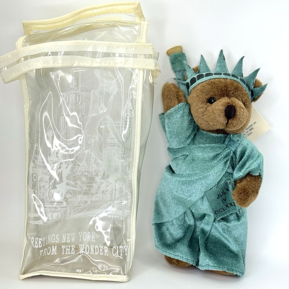 Vintage 1997 NY Teddy Statue Liberty Bear Plush w Bag NWT J Fan 8in Souvenir NYC